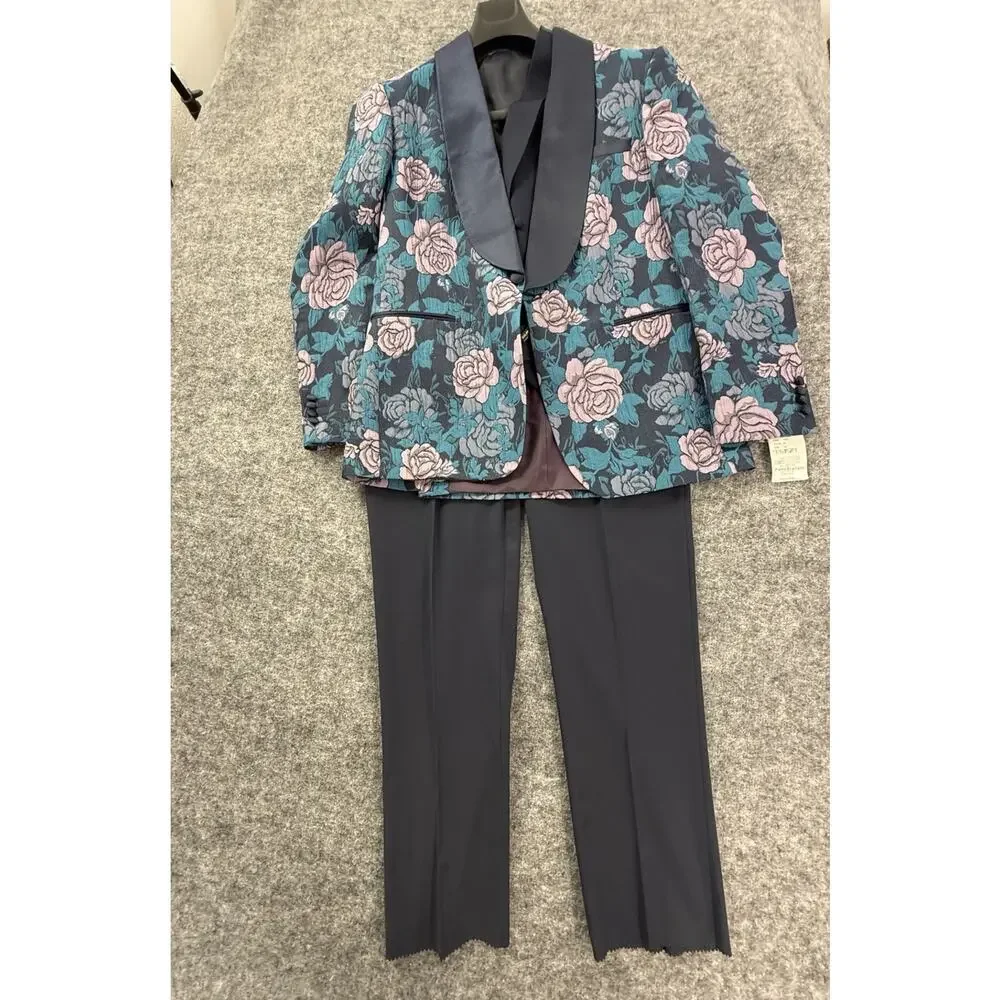 Pietro Scarlatti Mens Suit 3pc US 44 EU 54 Floral Blazer Vest Pants Blue T2